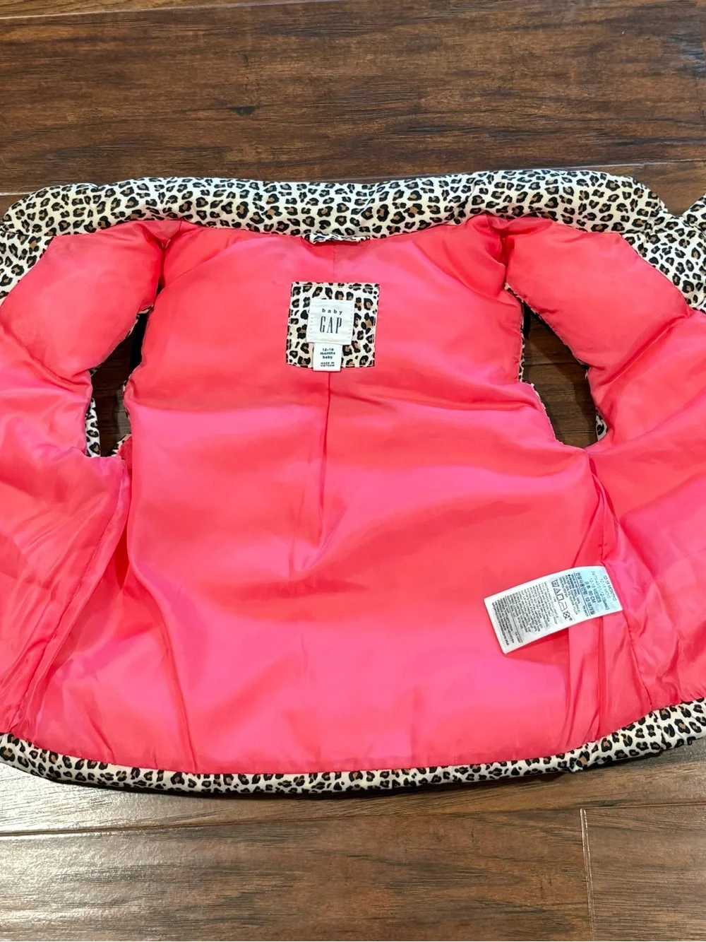 GAP Kids Leopard Print Puffer Vest with Hot Pink Details 12-18 Months